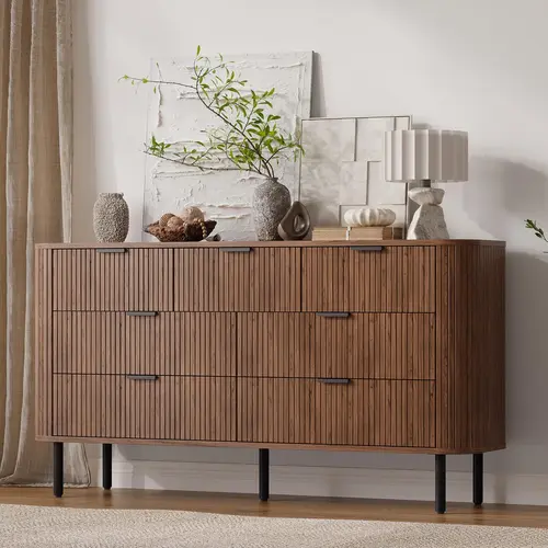 ONBRILL 60in Fluted Aesthetic Sturdy Wooden Dresser Cabinet, Modern Indoor Cupboard with Metal Handles, Multi-Functional Organizer - Bedroom Dressers for Bedroom, Living Room