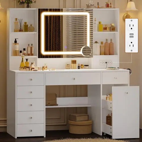 Sikaic 47.2” Large Vanity Desk with Mirror and Lights, Power Outlet, 7 Drawers, Pull-Out LED Mirror with 3 Light Modes, Brightness Adjustable, Rolling Makeup Cart, Crystal Handles, Hairdryer Rack, White, Home Furniture Christmas Gifts [SohoChic]