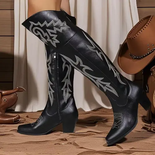 EROCALLI Women's Extra Wide Calf Thigh High Classic Cowboy Boots - Chic Western Footwear with Embroidery, Chunky Low Heel, Botas Vaqueras para Mujeres, Rodeo Outfit Inspo, Cowboy Aesthetic for Fall Winter, Western Ootd, Statement Shoes
