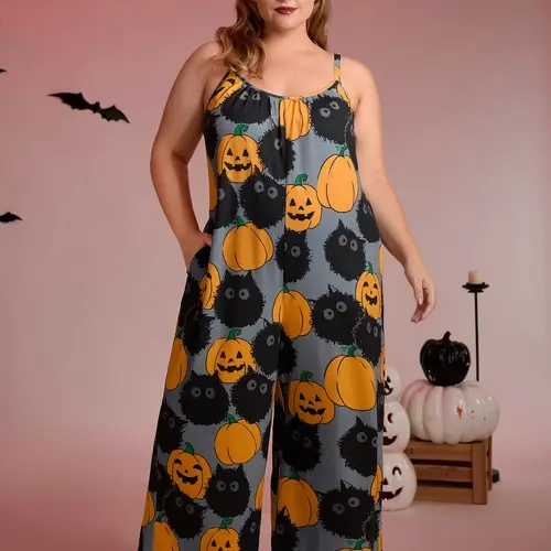 BloomChic Women's Plus Size Stylish Holiday Halloween Jumpsuit - Casual Sleeveless Overalls, Pumpkin Print Wide Leg, Elastane Stretch, Low Iron, Pockets, Fall Outfit [M-6X]，SohoChic