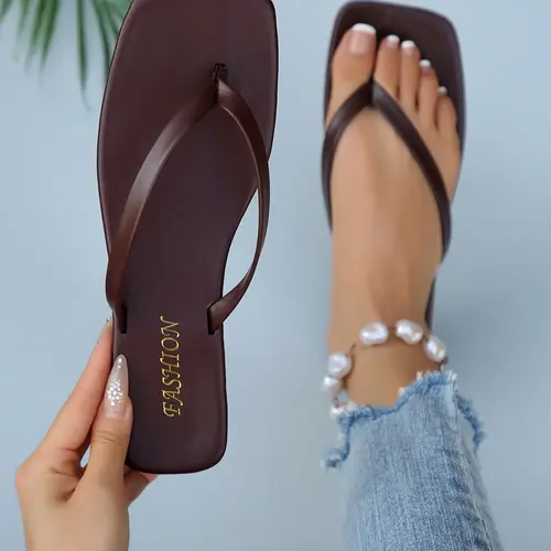 Women's Spring Summer Sandals, Square Toe Design, Square Flip Flops, Slip-On Flat Slippers, Casual Beach Home Outdoor Shoes, Comfortable Footwear