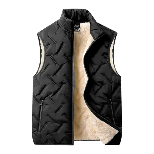 Men's Round Neck Sleeveless Wool-Lined Heat Polyester Gilet - Pull On, Autumn Winter Warm, Plain, Regular Fit, Zippered, Easy-Care Lightweight Casual Outdoor Waistcoat (Medium Beige, Black), Durable
