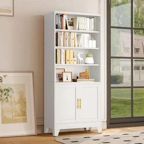 71" H Tall Metal Bookcases and Bookshelves 6-Tier Open Display Shelf, Tall Storage Cabinet Industrial Bookshelf with 2 Doors and Adjustable Shelves，Decor Furniture for Living Room, Bedroom, Room Storage, 71" Tall Storage