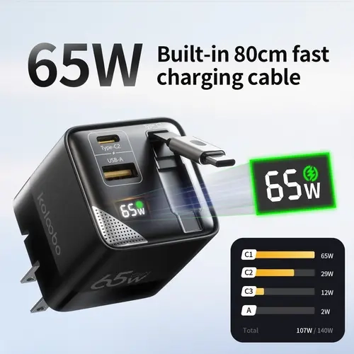 Koloobo 65W GaN Fast Charger, 1pcs/2pcs 3-in-1 Type-C Portable Mobile Charger Block with Retractable C-Cord, Dual Ports, Power Display, Overcharge Protection for iPhone, Laptops