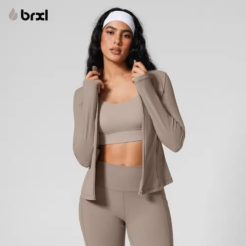 BRXL Women's Athletic Yoga Jacket — A solid-color, slim-fit, stretchy cotton zip-up jacket featuring a square neckline, front zipper, and side pockets.#sohochi #backtoschool,sohochic