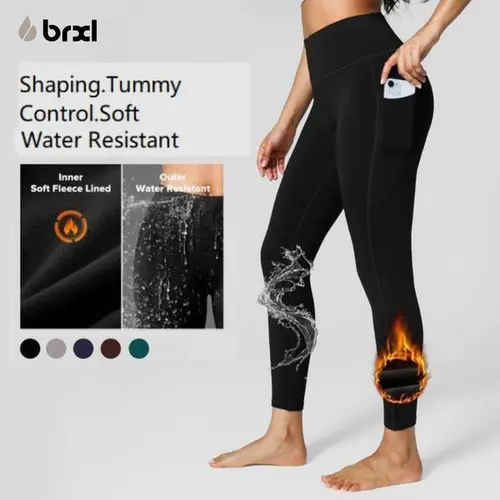 BRXL Women's High Waist Tummy Control Fleece Lined Sports Leggings - Water Resistant, Warm Insulated, Zip Pocket, Workout Shapewear, Plain Athleisure Wear, Booty Scrunch Pants for Women, Winter Outdoor Gym Use