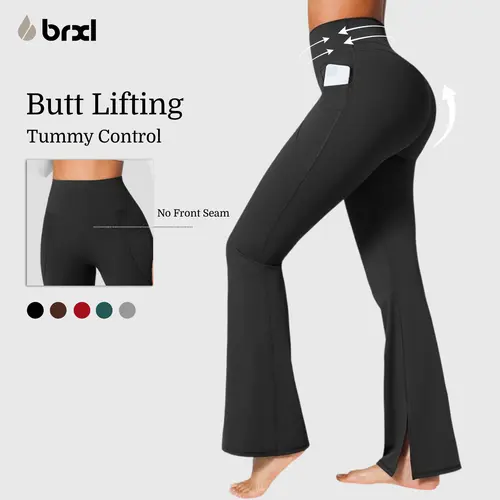 BRXL Women's 30" No Front Seam High Waist Tummy Control Mini Flare Leggings - Soft, Stretchy Activewear with Pockets for Gym Workout Apparel, Athleisure Wear, Womens Fitness, Workout Outfit Inspo, Sportswear #sohochi #backtoschool,sohochic