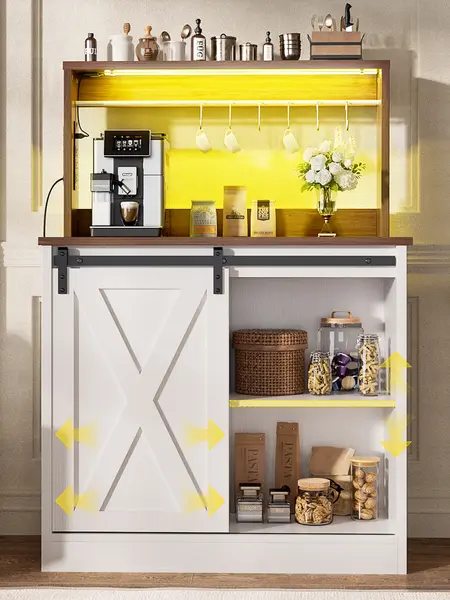 30-in W Wood Farmhouse Wine Bar Cabinet with Sliding Barn Door, Coffee Bar Station, RGB LED Lights, Charging Station, 6 S-Shaped Hooks, Adjustable Shelves & Hutch (Sturdy Buffet Cabinet)