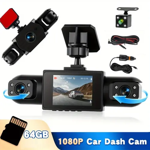 4-Camera 360° Car Dashcam, Full HD 1080p+3*480p Multi-Angle Recording, 2-in IPS Screen, 8 Night Vision Lights, Reverse Aid, Motion Detect Start, Loop Recording, 64GB C10 Memory Card Support, 13 Languages, Rear Lens Kit, SummerVibes Father's Day Gift,toolu