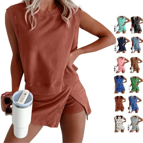 Ommig Women's 2-Piece Casual Sleeveless Fitted Summer Lounge Set - Mineral Wash Cotton Tank Top, Lined Split Athletic Skirt for Travel, Women 2 Piece Sets,sohochic