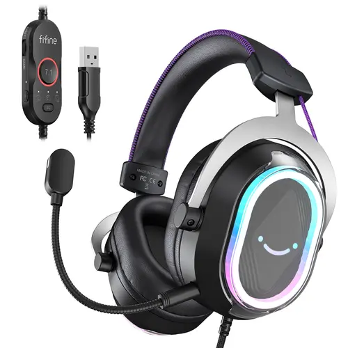 fifine H13 Over Ear USB Gaming Headset - 7.1 Surround Sound, Game Peripherals with Mic, RGB Lights, Ergonomic Ear Pads, Control Box, PC Accessories for Gamers, Content Creators - Compatible with PC, PS5/PS4, Laptop, Mac,  AmpliGame H13