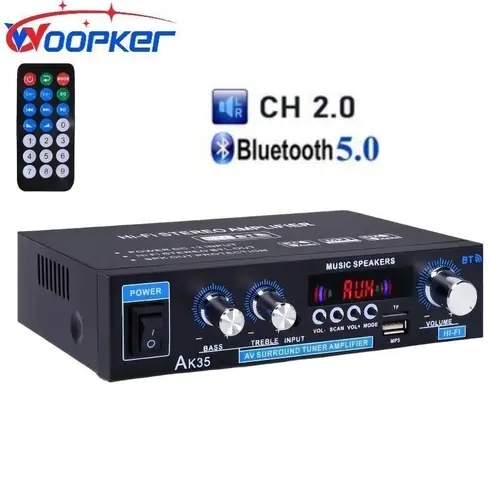Woopker AK35 Bluetooth 5.0 HiFi Stereo Amplifier, 2.0 Channel Desktop Home Audio Bluetooth Amplifier, Compatible with a Pair of 200W Speakers, Bass & Treble Controls, FM Radio, RCA and USB for Home Theater & Music Streaming