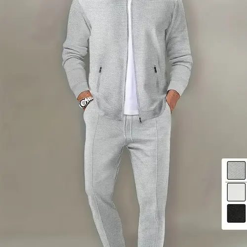 Men's 2-Piece Plain Athletic Fitted Lapel Collared Zippered Jacket & Soft Polyester Pants Tracksuit Set - Casual Sporty Chic Outfit, Father's Day Gift Option,sohochic