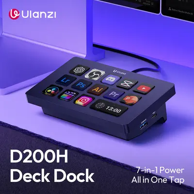 Ulanzi D200H 7-in-1 Deck Gaming Stream Controller - Console Accessories, Office Streaming Controller with 14 LCD Keys, 13 Macro Hotkeys Dock, Fill Light Support, Streaming Equipment for Mac/PC OBS/Twitch Triggers, PC Accessories