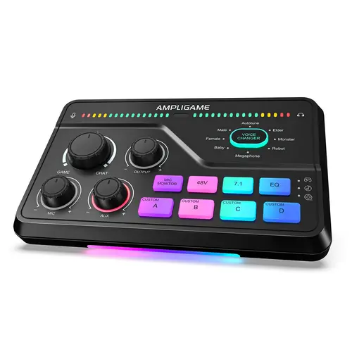 fifine SC8 Gaming Audio Mixer - 7.1ch Surround Sound, Headphone Amp, XLR Preamp, USB Plug-and-Play, Voice Changer, RGB Volume Control, 3 EQ Modes, Streaming Device with Cable Connector, AmpliGame SC8