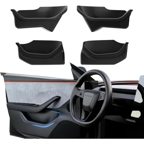 YONZEE 4PCS Full-Cover Door Storage Organizer Set for Tesla Model Y Juniper 2025-2026 & Model 3 Highland 2024-2026, TPE Door Pocket Bins, Waterproof, Washable & Removable, Protects Door Felt, Includes 2 Rear Door Emergency Release Pull Straps toolupgrade