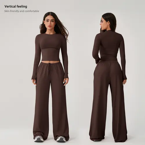 TIMEOFF Women's 2-Piece Workout Set - Solid Trendy Clothing with Flattering Sculpting Long Sleeve Crop Top, Wide-Leg Yoga Pants, Stretch Fabric, Matching Women's Sportswear Set for Workout