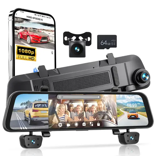 12 in Car-Mounted Rear View Mirror Dash Cam - 4-Camera System with Wi-Fi, GPS, 1080P Touch Screen, G-Sensor, Night Vision, Split Screen, App Control, 64G Card (Father's Day Gift, Car Electronics Accessory for Dashboard Monitoring), Car-Mounted Car Cameras