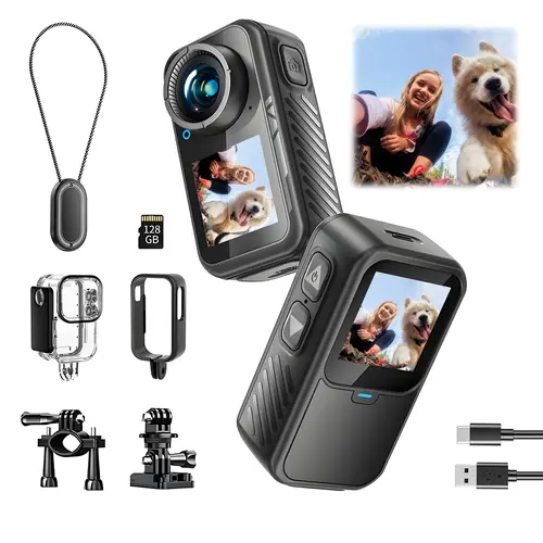 【Back To School】NUISK Action Camera,Pocket Portable Camera,5X zoom, Vlog Recording Device, WiFi Connection, 5V Power Supply Supported, U3‑Spec Memory Card,Video & Photo Capture, IIdeal for Cycling, TravelandDaily Recording, Dual Touch, Cells, Stick, Under