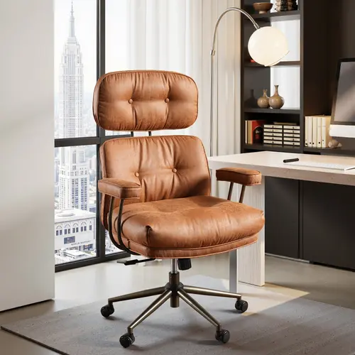HOOOWOOO Spacious Oversize 24.7" Wide Seat 300LBS Super Heavy Duty Height Adjustable Criss Cross Chair with Wheels Tilt Mechanism Lumbar Support Mid-Century Modern Faux Leather Ergonomic Executive Chairs