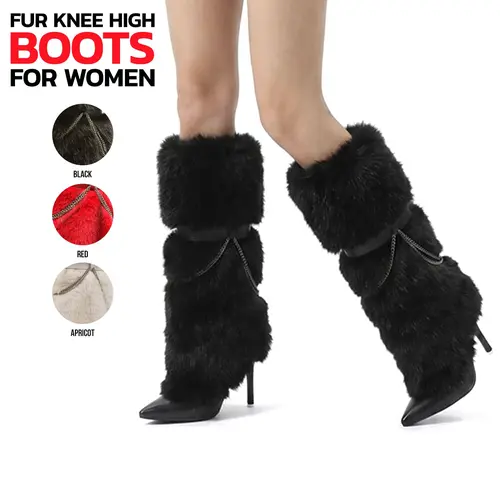 VIMISAOI Knee High Boots For Women Fold Over Pointed Toe Stiletto High Heel Side Zipper Chains Snow Comfortable Fashion Party Dress Casual Outdoor Street Style Concert Vacation Trendy Tall Faux Fur Heeled Boots