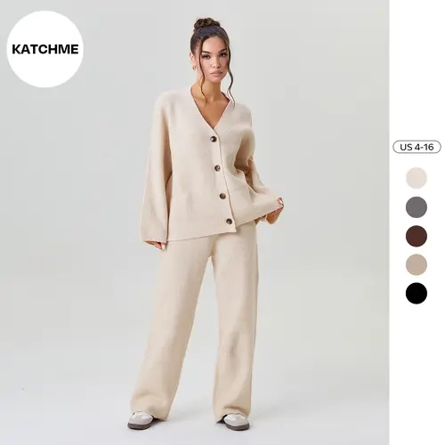 KatchMe Women's Slouchy Solid Color V-Neck Button-Up Long Sleeve Cardigan & Stretch Loose Trousers Co-ord, Minimalist Two Piece Outfits, Cozy Womenswear