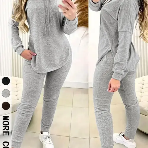Women's Cozy Casual Fitted Long Sleeve Hoodie & Jogger Set Pants Top Set Clothes, Soft Knit Fabric & Drawstring Hoodie & Side Slit Detail & Elastic Waist Joggers & Multiple Colors