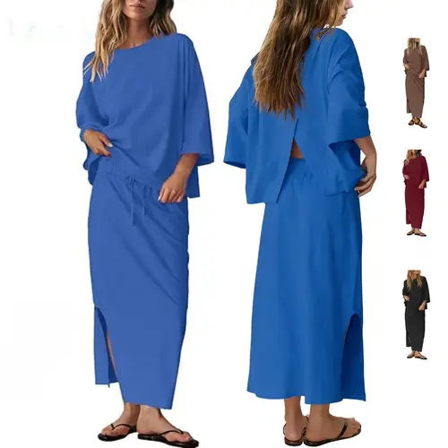 Ommig Women's 2-Piece Casual Lounge Set - Crew Neck Oversized Cotton Blend Top, Pockets & Side Slit Long Skirt, Women's Clothes, Casual Set,sohochic