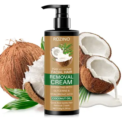 ROZINO Coconut Oil Facial Hair Removal Cream - Gentle Fast Painless Soothing Formula with Glycerine & Hyaluronic Acid for Women's Smooth Skin Care