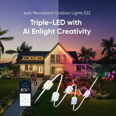 [LIVE ONLY] eufy Security Permanent Outdoor Lights E22 100ft with 60 Triple-LED Lights Smart RGBWW Lights Daily and Festive Up to IP67 Waterproof AI Lighting Themes for Christmas APP Control