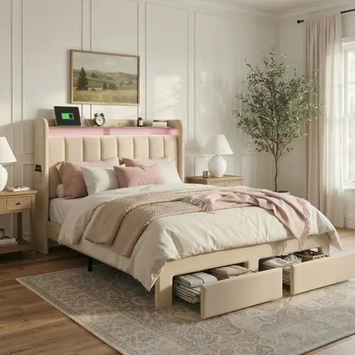 Sha Cerlin LED Light Bed Frame, Upholstered Bed Strips & StorageWingback Headboard with Shelves, 2 Footboard Drawers, Full/Queen/King Size, Beige/White/Grey, sohochic