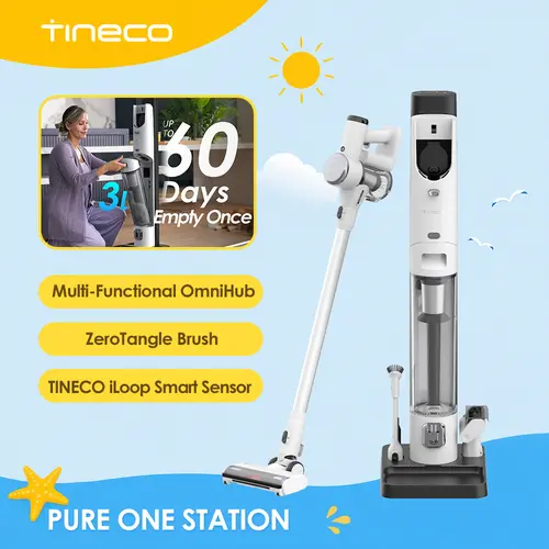 TINECO Pure One Station Cordless Vacuum Cleaner - 3L Auto Dust Base, Powerful Suction Lightweight Smart Stick Form, ZeroTangle Brush, Auto Clean for Hard Floors & Carpets, Pet Hair Cleaning, White