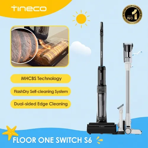 Tineco FLOOR ONE Switch S6 Wet Dry Vacuum Cleaner,Smart Floor Washer,5-in-1 Multi-Function,Self-Cleaning,5min Flash Dry, ZeroTangle Brush,Dual-Edge Cleaning,Whole-House Cleaning, Handheld Vacuum, Battery Powered Vacuum, Multi Surface Vacuum, Upgraded Pouc