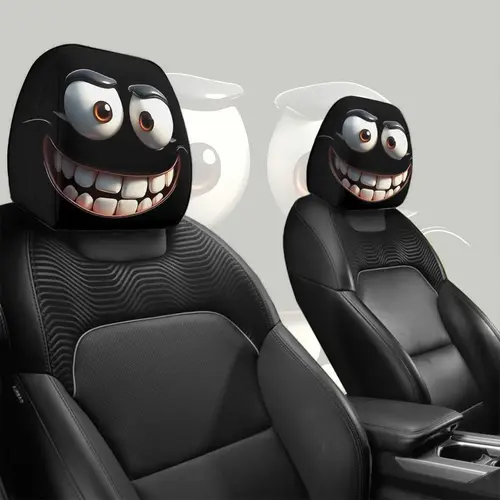 2pcs Funny Big Eyed Grinning Cartoon Print Car Seat Headrest Covers Set - Print Surface, Quick Swap Covers, Simple Install, Universal Fit for Most Cars, Hassle-Free Cleaning, Festive Cheer, Long Trips, Father's Day Gift, Interior Decor Accessory