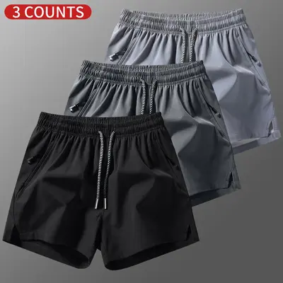 Men's 3-Counts Plain Solid Drawstring Shorts with Zipper Pockets, Chic Preppy Fitted Cut, Breathable Elastic Waist, Machine Washable Athleisure Bottoms for Beach Vacation Summer Outfits