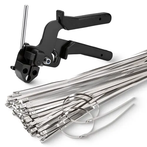 GJANSH Metal Zip Ties with Stainless Steel Cable Tie Gun, Special Tool For Fastening and Cutting Steel Zip Ties, 100pcs 11.8in Uv Resistant chain link fence Parts For Fence Exhaust Pipe Outdoor, toolupgrade