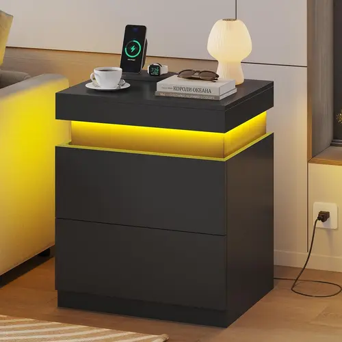Sikaic Nightstand with Charging Station, LED Lights, Sliding Top and 2 Drawers, Bedside Table with Drawers, Modern End Side Table for Bedroom, Home Furniture Christmas Gifts [SohoChic]