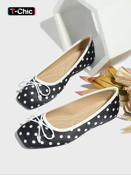 Women's Square Toe Mary Jane Shoes, Polka Dot Design, Girl Comfortable Lightweight Flat Casual for Winter, Fashionable Flats