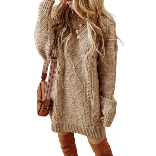 Asvivid 2026 Spring Women's Oversized Cable Knit Dress - Long Sleeve Drop Shoulder Loose-Fit Polyester Knitted Sweater, Casual Autumn-Winter Piece with Accessories