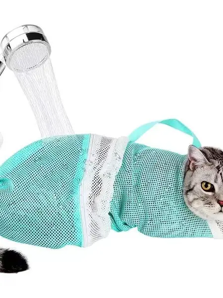 Cat Bath Mesh Bag, Portable Mesh Shower Bag, Cute Safe Adjustable Drawstring Design Travel Bathing Bag for Cats Grooming, Grooming Supplies，Nail Trimming, Injection， Bath  accessory, pet tools Clean Calming