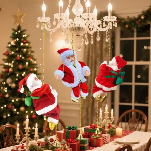 Classic Climbing Beads Musical Santa Claus Ornaments - Battery-Operated Plastic Christmas Hanging Decorations (Batteries Not Included) for Home, Mantelpiece, Party Supplies