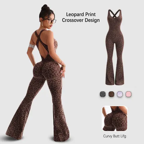 NVWA Women's Leopard Print Flared Sports Jumpsuit - Backless Hollow Cross-Twisted Back, High-Waist, Quick-Dry, Figure-Flattering Activewear for Yoga, Gym - Sports Clothes, Workout Apparel