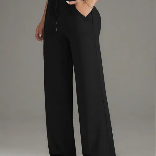 High Waist Stretchy Drawstring Elastic Casual Pants, Wide Leg Straight Fit Gym Pants, Fall & Winter Long Pants with Pockets, Athleisure Style Bottoms, Casual Sportswear Pants, Casual Fitness Pants, Activewear Pants, High Waisted Sportswear