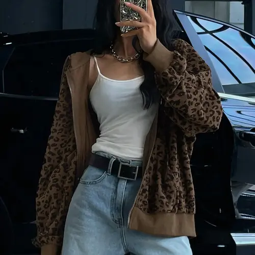Women's Leopard Print Hooded Zip-Up Jacket, Casual Loose-Fit Outerwear with Drawstring, Thick Fabric for Fall & Winter