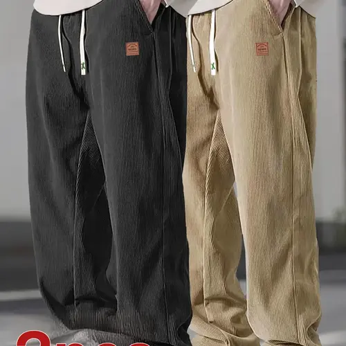 Men's Autumn Corduroy Casual Pants (2 Pairs) - Menswear Plain Trouser, 100% Polyester Clothing, Lightweight Loose Straight-Leg, Drawstring Waist Adapts to Your Fit