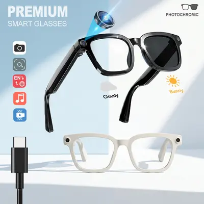 Smart Bluetooth Glasses with HD Camera, 1200p Video Recording Wearable Smart Glasses, Anti-shake Shooting Outdoor Sports Camera Sunglasses, Multifunctional Wireless Audio Glasses with Intelligent Voice Assistant, Built-in Earphone Anti-blue Light Eyeglass
