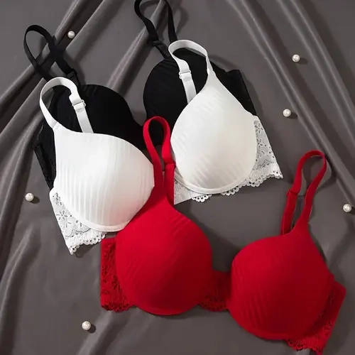 3pcs set of Women's bras with lace stitching, gathered and gathered, paired with steel rims, lingerie