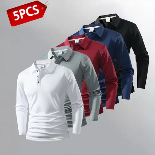 Men’s lightweight long-sleeve polo shirt set of 5 — available in multiple colors; suitable for everyday wear, casual wear, and work wear (white).,sohochic