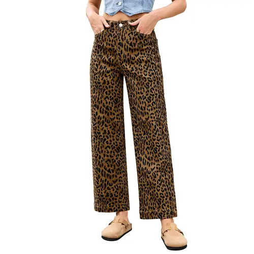 Luvamia Women's High-Waisted Wide Leg Leopard Print Ankle-Length Stretchy Denim Jeans - Streetwear, Weekend Pants for Women, Trending Clothes with 90s Look, Pockets, Zipper, Button
