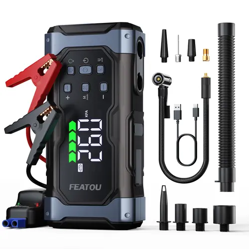 High-Power 9000A Jump Starter with Air Compressor/Tire Inflator, 12V Jumper Box for Car(All Gas/14L Diesel), 9 in 1 Portable Jump Starter Power Pack (74Wh, Smart Clamp, LCD）, Automotive Tool Kit, Car Accessories, Vehicle, Reinforced Copper